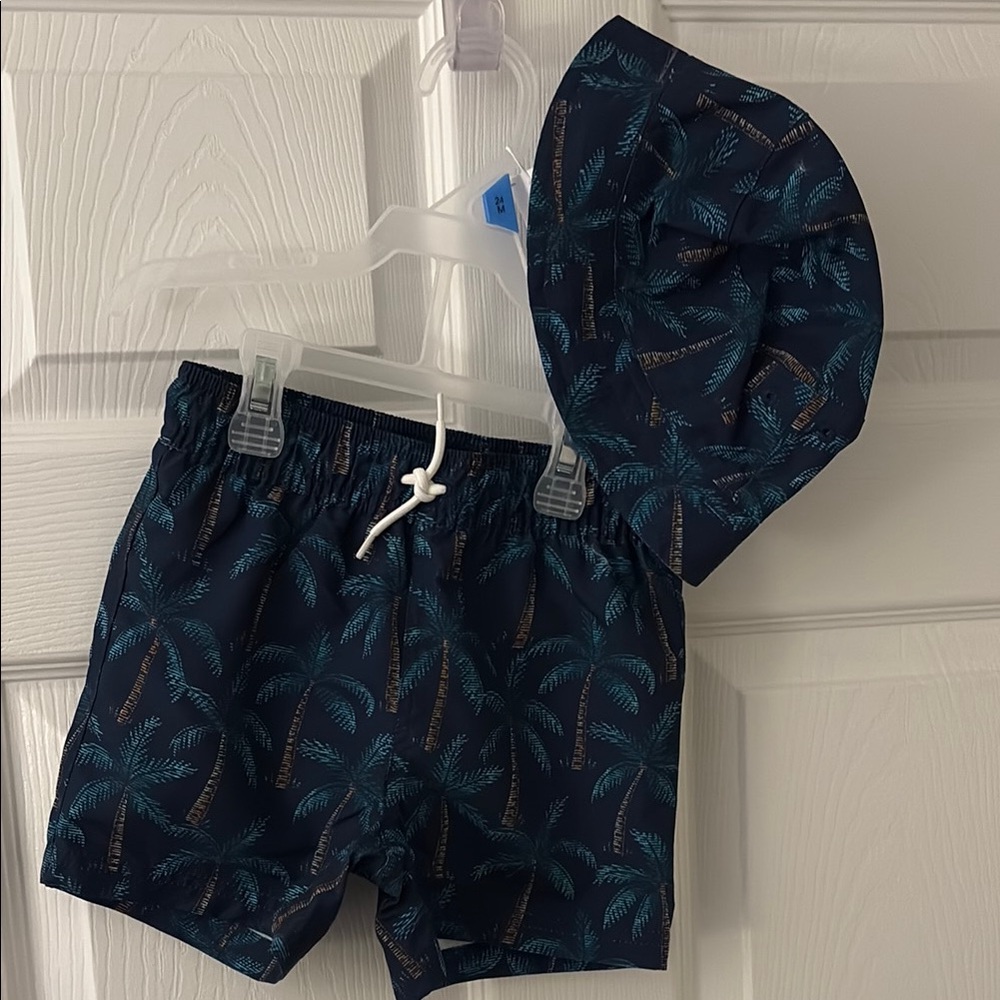 NWT Janie and Jack Navy Palm Tree Swim Shorts and Hat Set